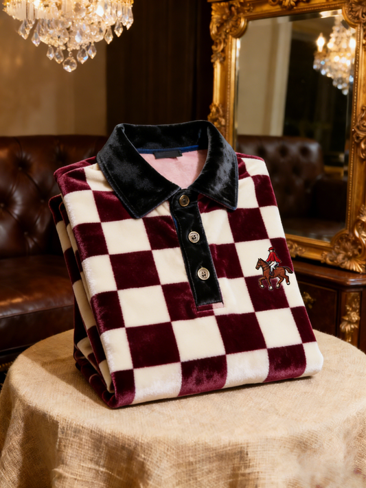 Men's Velvet Business Logo Print Long Sleeve Polo Shirt