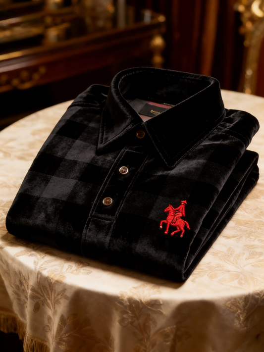 Men's Velvet Business Logo Print Long Sleeve Polo Shirt