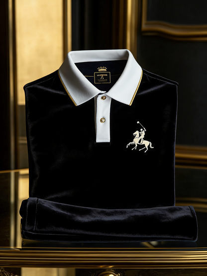 Men's Velvet Business Logo Print Long Sleeve Polo Shirt