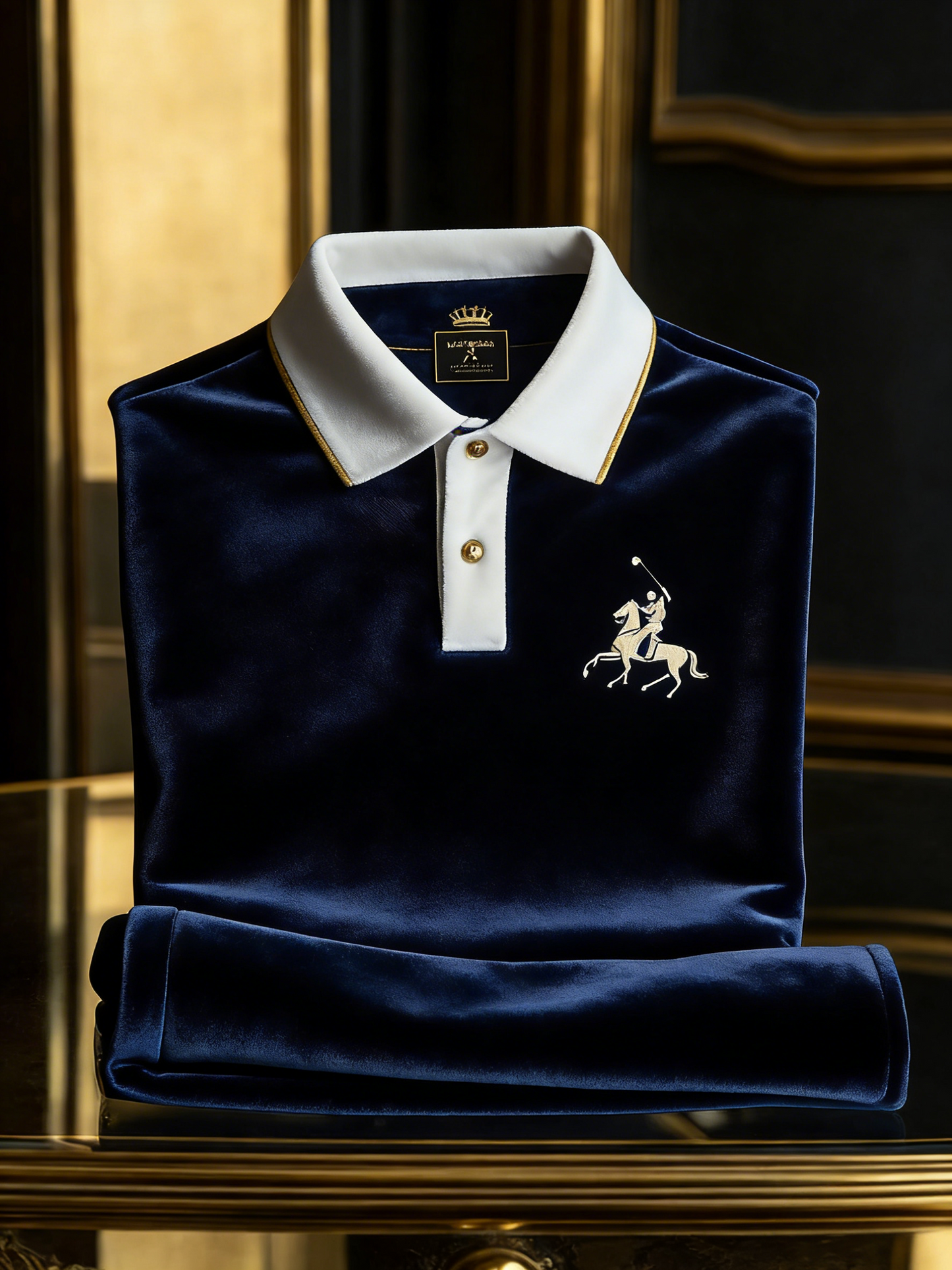 Men's Velvet Business Logo Print Long Sleeve Polo Shirt