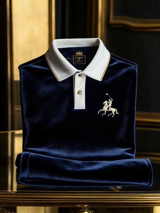 Men's Velvet Business Logo Print Long Sleeve Polo Shirt