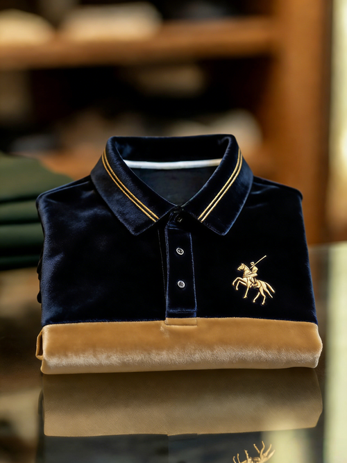 Men's Velvet Business Logo Print Long Sleeve Polo Shirt