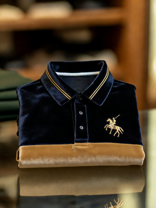 Men's Velvet Business Logo Print Long Sleeve Polo Shirt