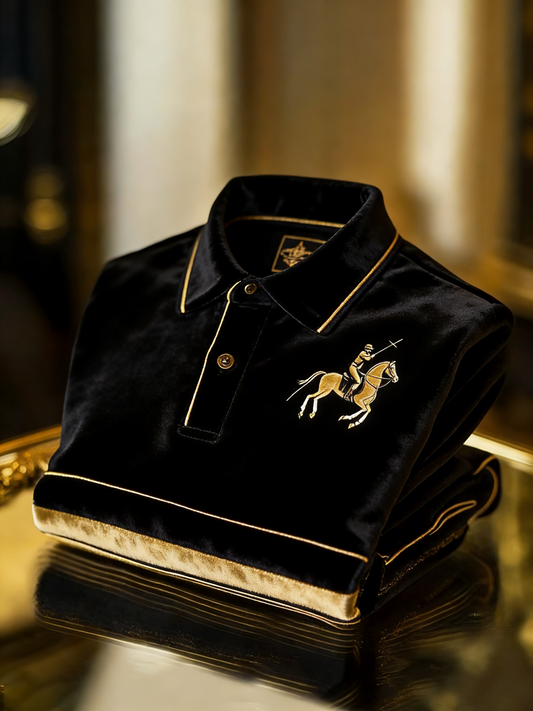 Men's Velvet Business Logo Print Long Sleeve Polo Shirt