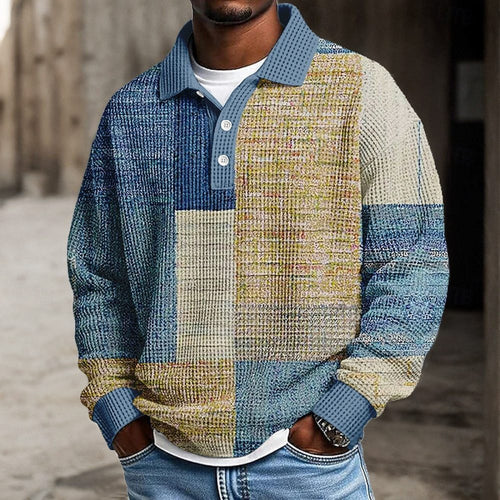 Men's Color Block Geometic Waffle Polo Shirts
