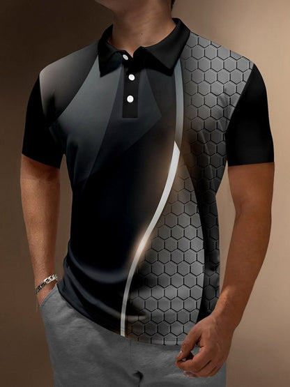 Retro Gradient Geometric Print Men's Button Short Sleeve POLO Shirt