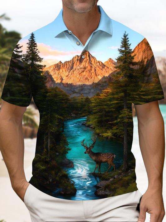 Retro 3D Forest Reindeer Geometric Short-Sleeve Polo Shirt