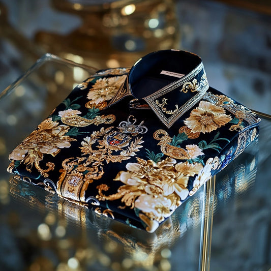 High Elasticity Soft Unique Men's Satin Luxe Print Long Sleeve Button Shirt