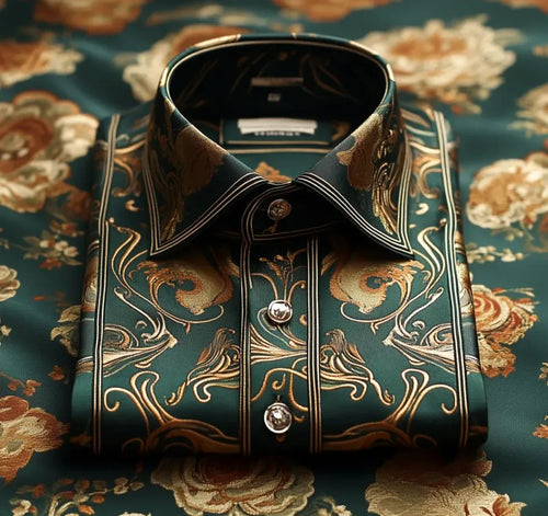 High Elasticity Soft Unique Men's Satin Luxe Print Long Sleeve Button Shirt
