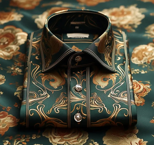 High Elasticity Soft Unique Men's Satin Luxe Print Long Sleeve Button Shirt