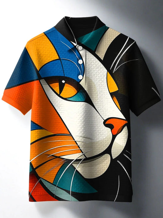 Vintage Multicolor Abstract Art Cat Print Casual Waffle Short Sleeve Polo Shirt