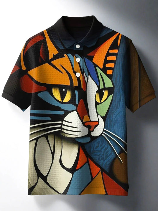 Vintage Multicolor Cat Abstract Art Print Casual Waffle Short Sleeve Polo