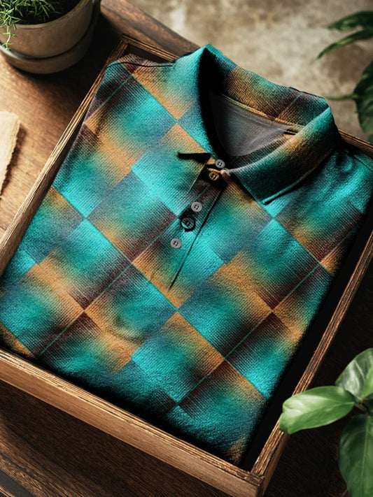 Light Green Gradient Checkered Pattern Print Casual Short Sleeve Polo Shirt