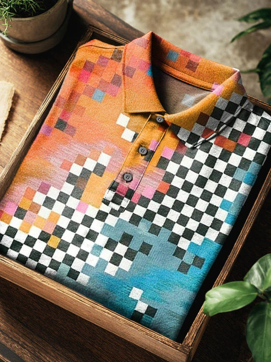 Vintage Multicolor Checkerboard Abstract Art Print Casual Short Sleeve Polo Shirt