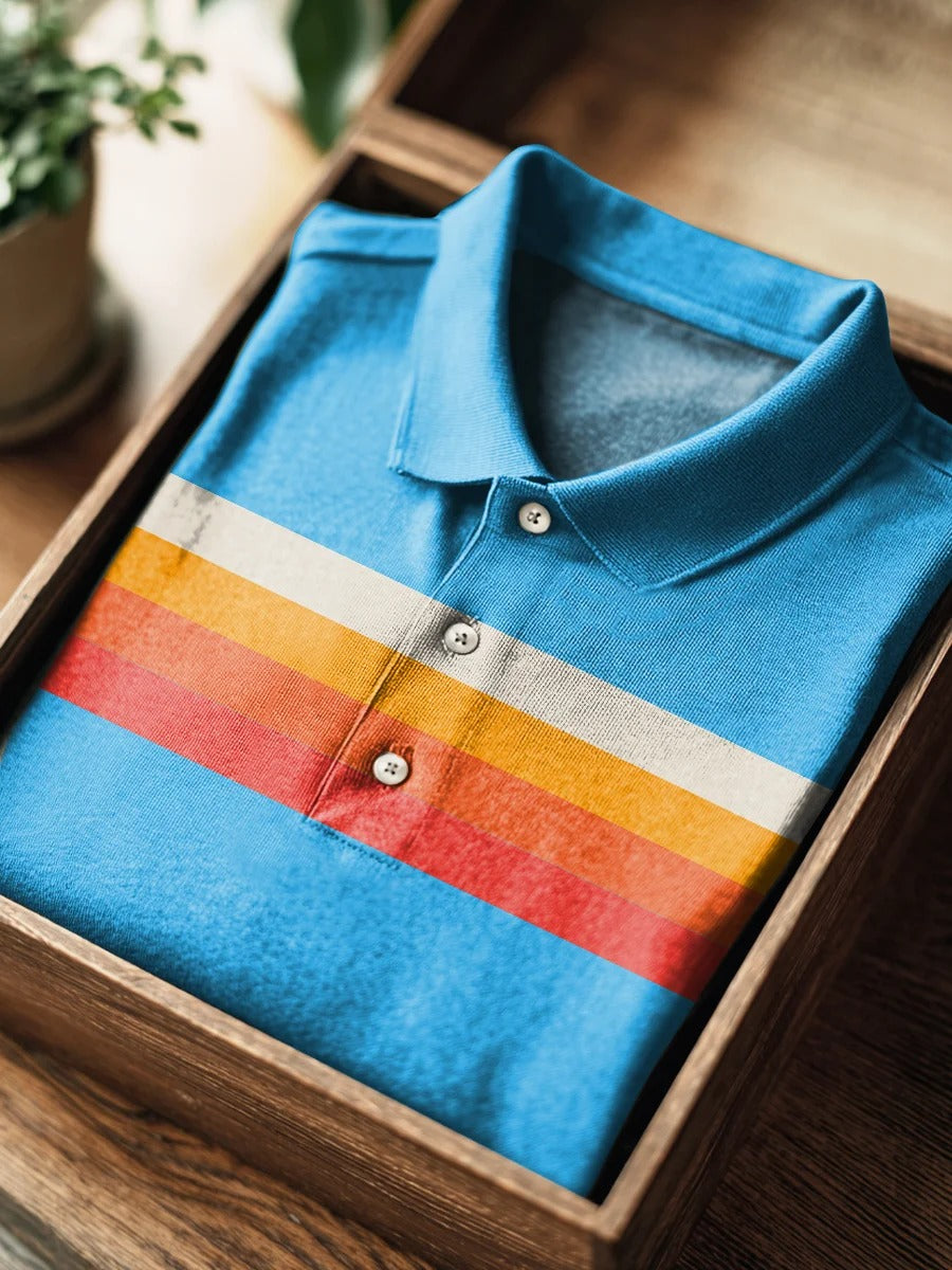 Light Blue Orange Gradient Stripes Print Casual Short Sleeve Polo