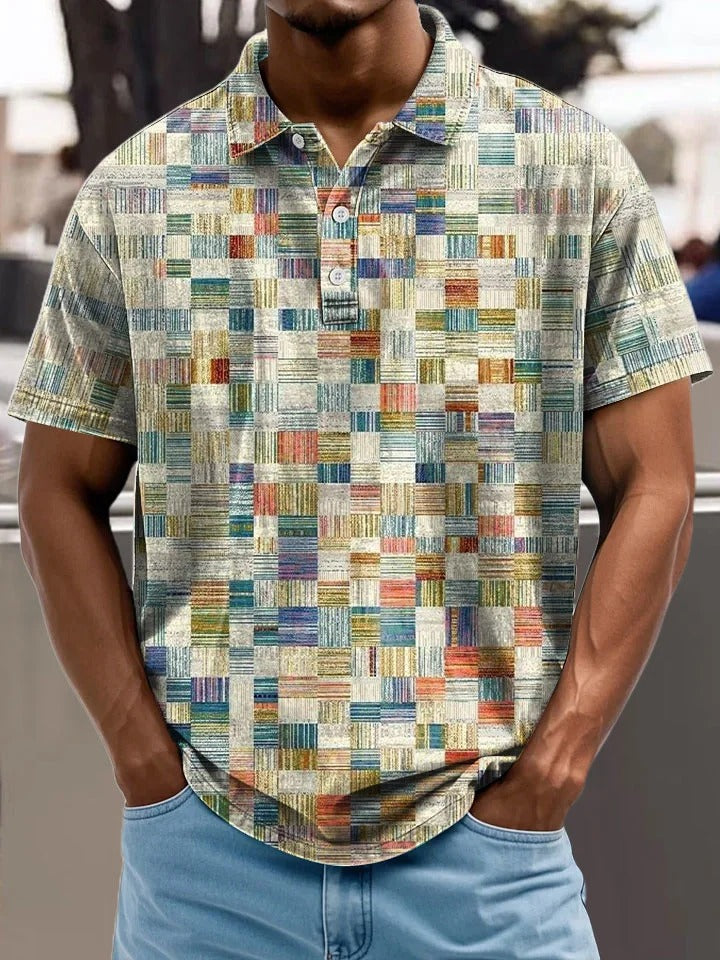 Lattice Checkered Gradient Abstract Art Vintage Print Casual Short Sleeve Polo Shirt