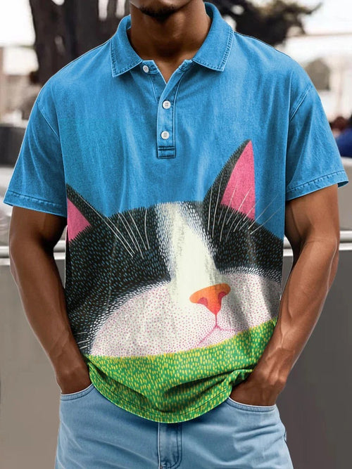 Cow Cat Sleeping Decorative Pattern Casual Short Sleeve Polo Shirt
