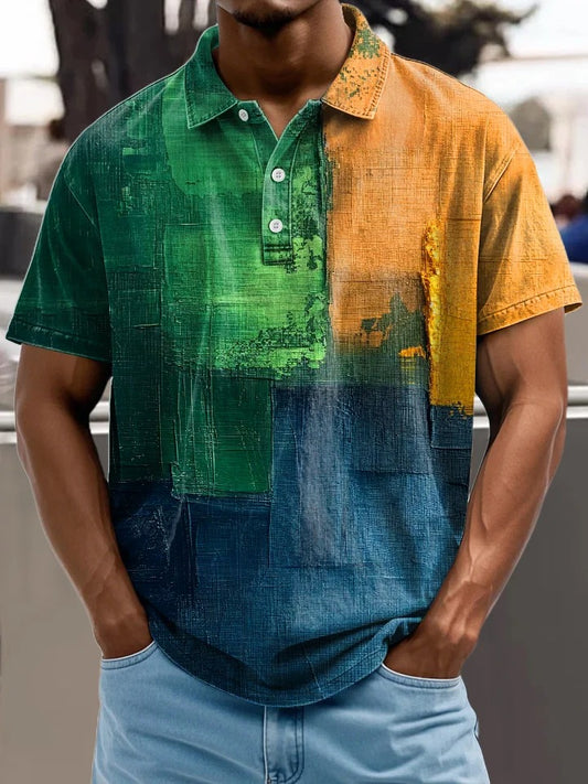 Vintage Multicolor Abstract Oil Painting Art Print Casual Short Sleeve Polo Shirt
