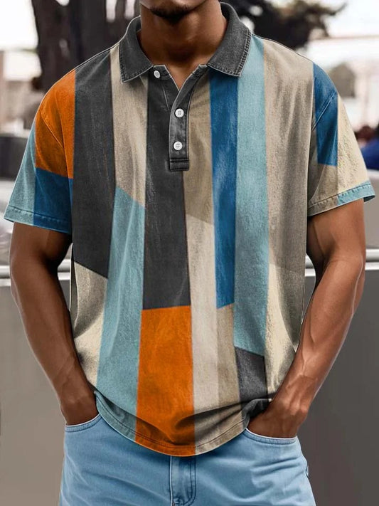 Colorful Geometric Patchwork Pattern Print Casual Short Sleeve Polo Shirt