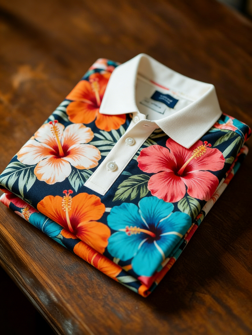 Men's Floral Printed Holiday Casual Short Sleeve Polo Shirt