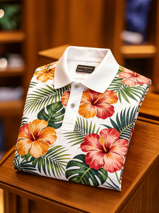 Men's Floral Printed Holiday Casual Short Sleeve Polo Shirt