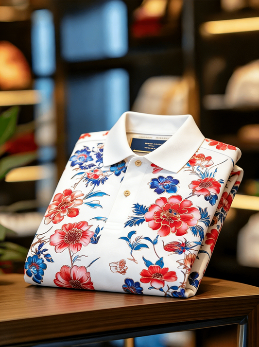 Men's Floral Printed Holiday Casual Short Sleeve Polo Shirt