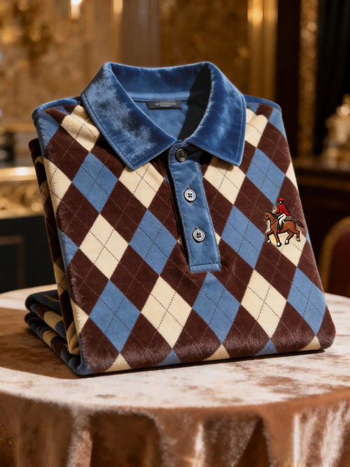 Men's Velvet Business Logo Print Long Sleeve Polo Shirt