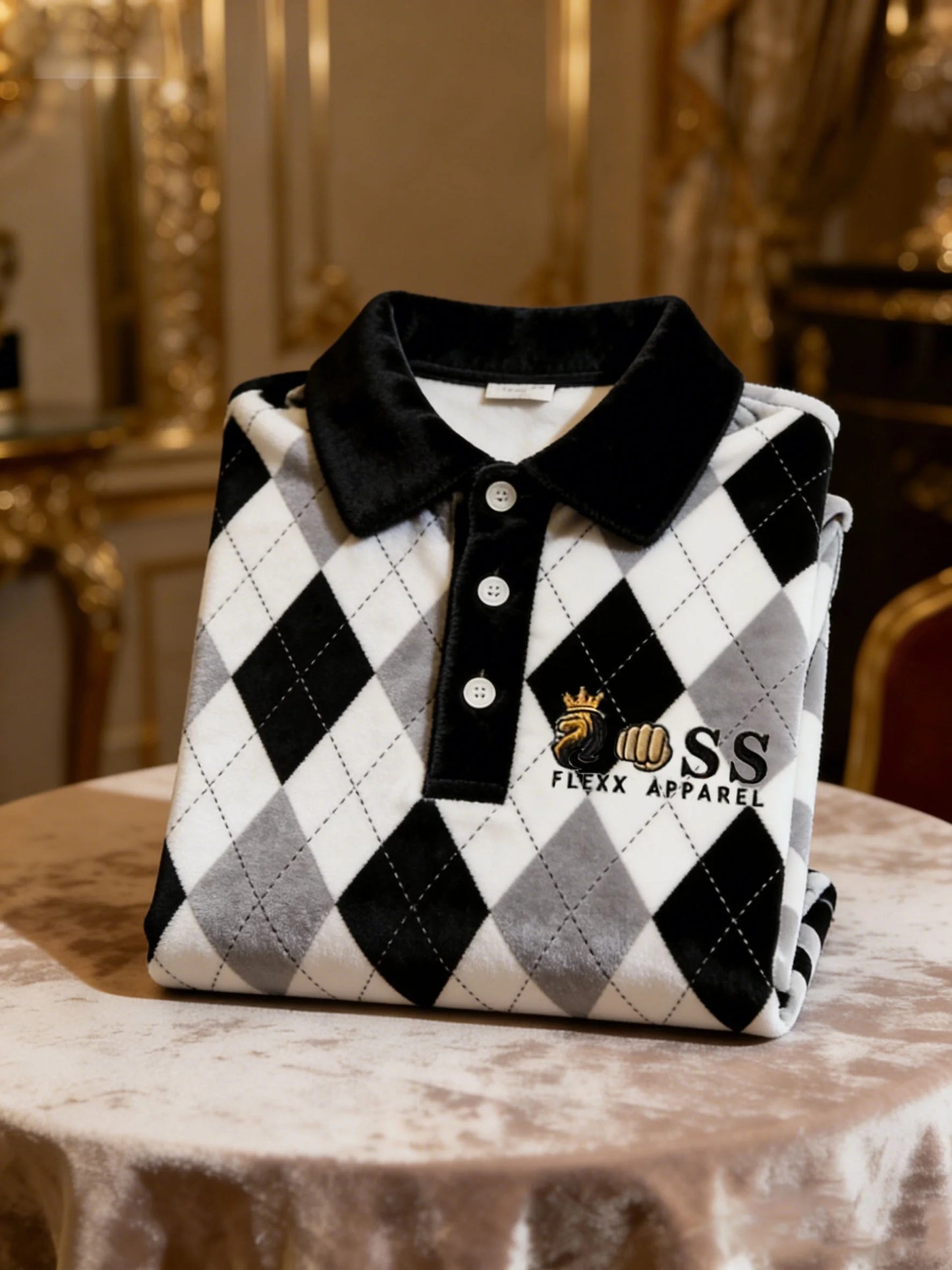 Men's Velvet Business Logo Print Long Sleeve Polo Shirt