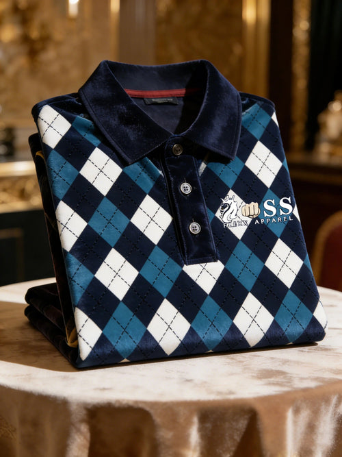 Men's Velvet Business Logo Print Long Sleeve Polo Shirt