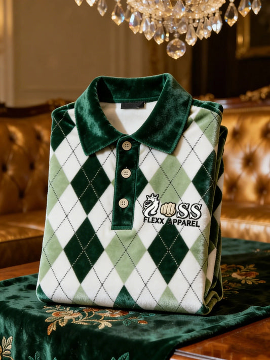 Men's Velvet Business Logo Print Long Sleeve Polo Shirt
