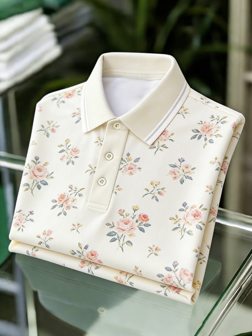 Men's Floral Printed Holiday Casual Short Sleeve Polo Shirt