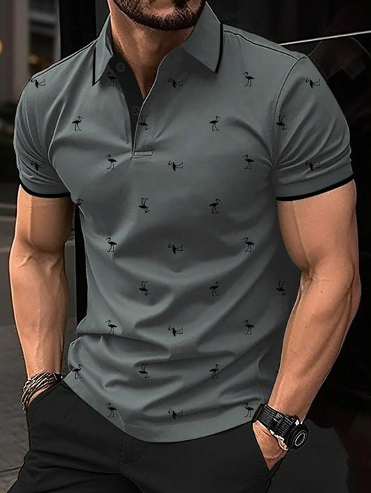 Men's Bird Print Contrast  Short Sleeve Polo Shirt