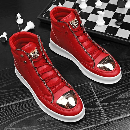 Men's Casual Solid Zipper Metal Decor Lace Up High Top PU Leather Martin Boots