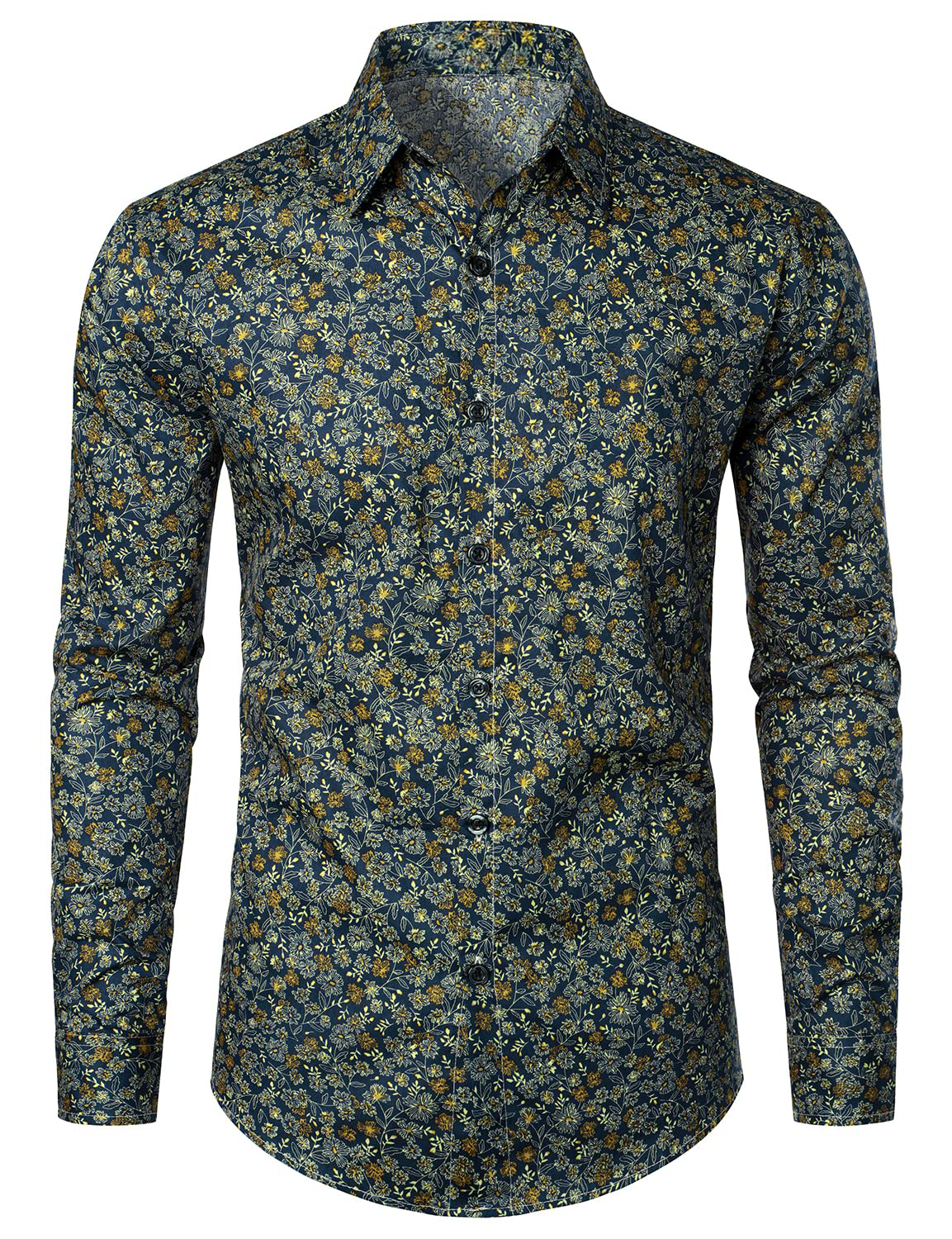 Men's Navy Blue Vintage Floral Print Cotton Breathable Flower Button Long Sleeve Dress Shirt