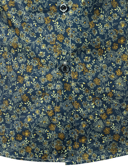 Men's Navy Blue Vintage Floral Print Cotton Breathable Flower Button Long Sleeve Dress Shirt