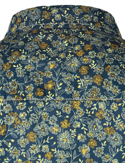 Men's Navy Blue Vintage Floral Print Cotton Breathable Flower Button Long Sleeve Dress Shirt