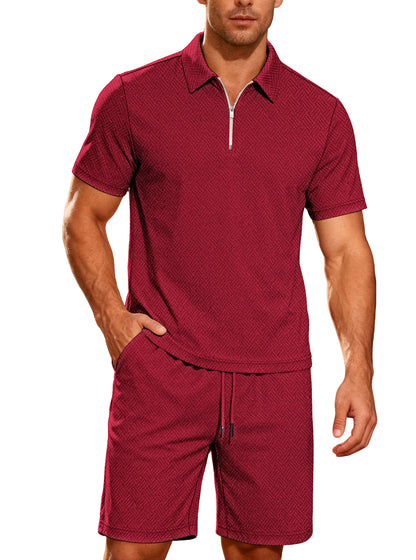 Men's Short Sleeve Zip Polo Shorts Set