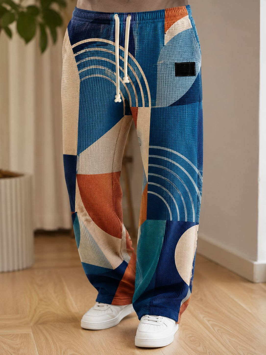 Men's All-Over Print Waffle Knit Pants | High-Waisted Drawstring Relaxed Fit Trousers
