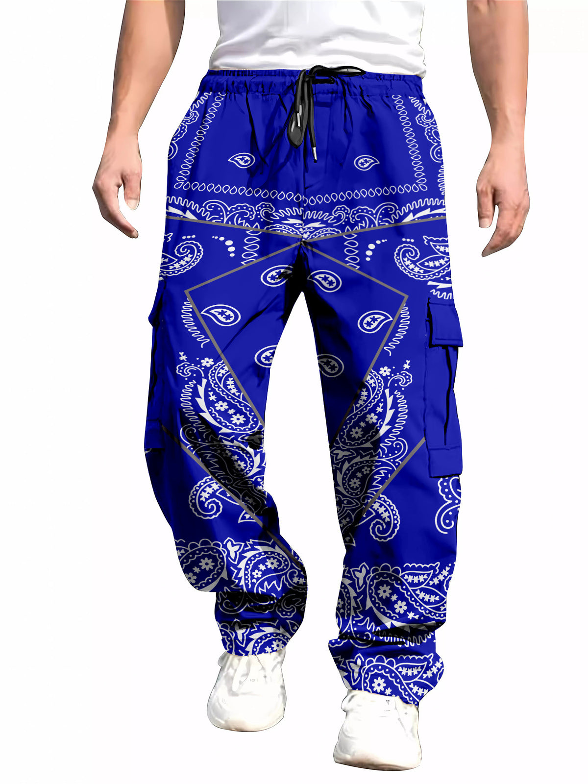 Men's All-Over Print Cargo Pants | Multi-Pocket Drawstring Trousers