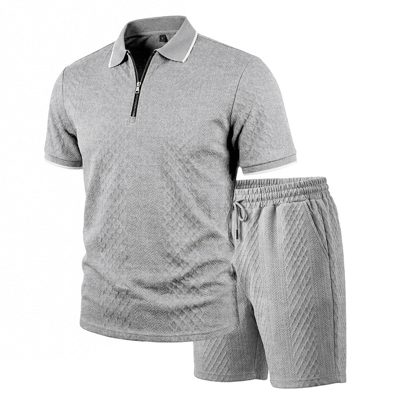 Men's Jacquard Polo Shirt & Shorts Set | Relaxed Zip-Up Commuter 2-Piece
