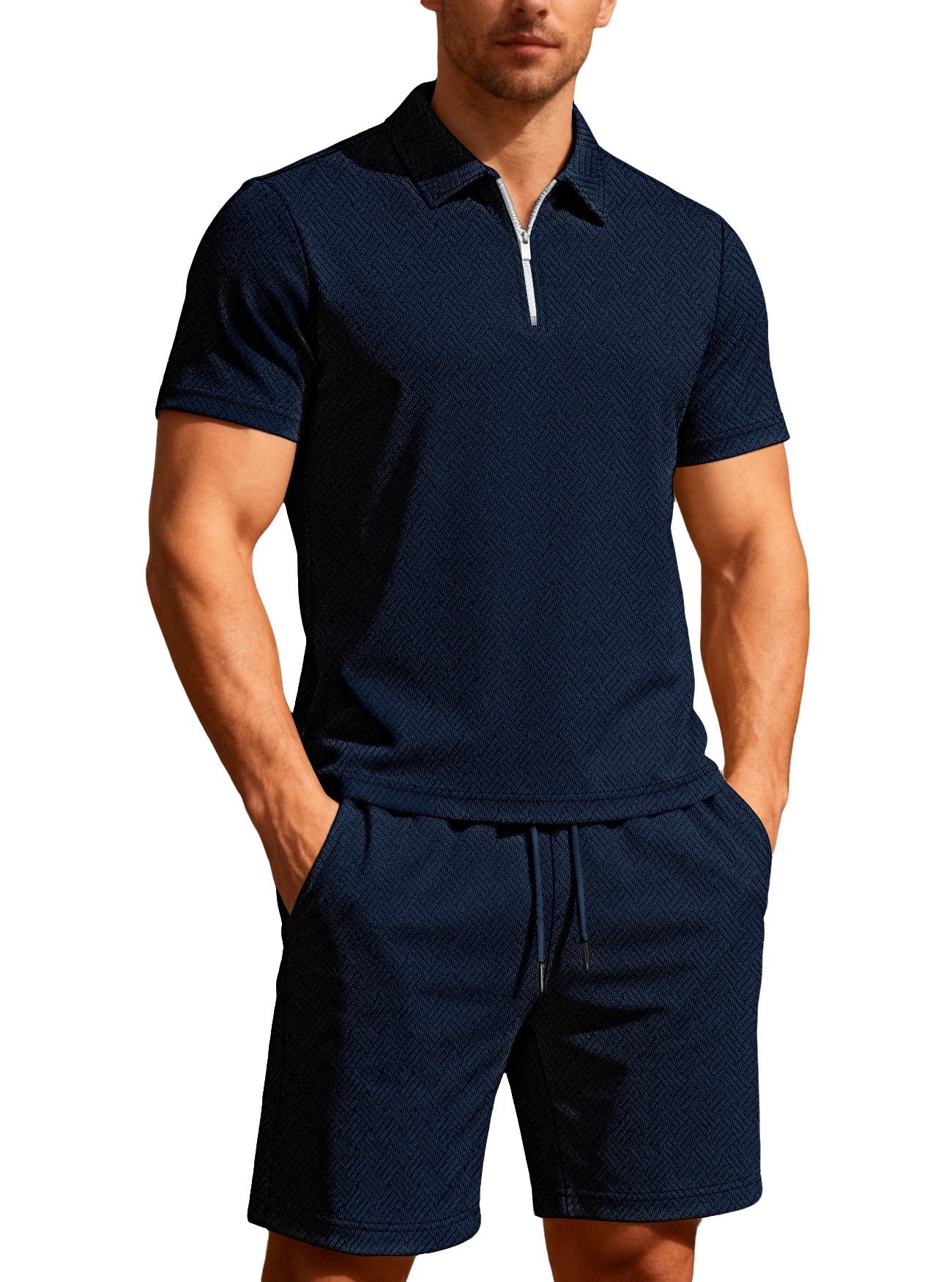 Men's Short Sleeve Zip Polo Shorts Set