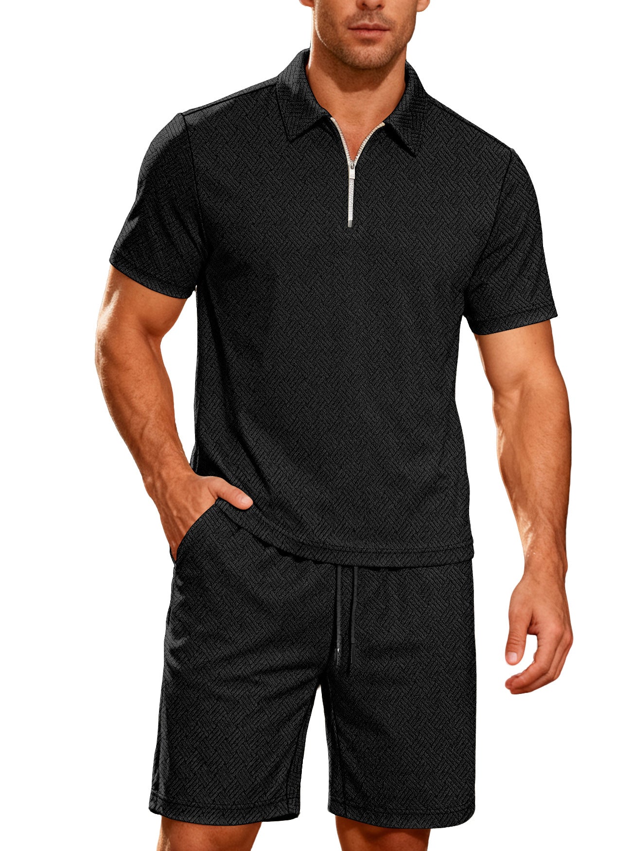 Men's Short Sleeve Zip Polo Shorts Set