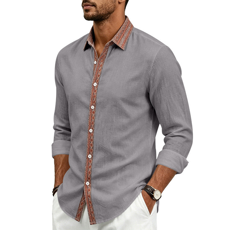 Men's Linen Shirt Long Sleeve | Contrast Placket Collared Shirt