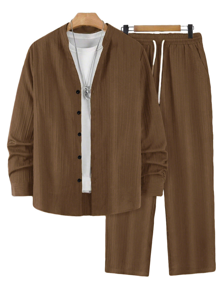 Solid-color, collarless, long-sleeved shirt and trousers two-piece set