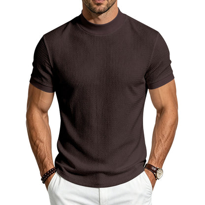 Men's Solid Jacquard Mock Neck Shirt | Slim Fit Minimalist Short Sleeve Top