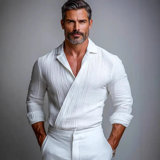Men's Textured Crossover V-Neck Long Sleeve Pullover Shirt