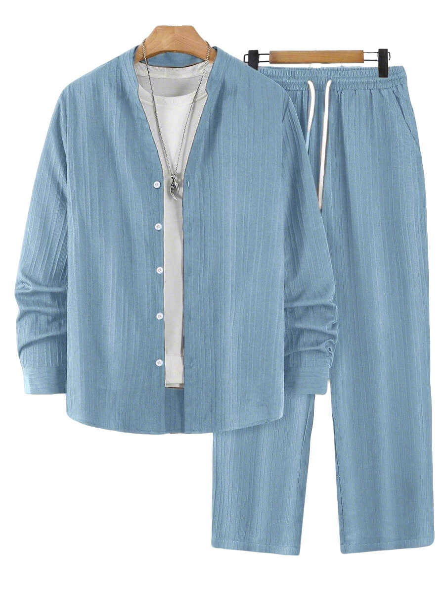 Solid-color, collarless, long-sleeved shirt and trousers two-piece set