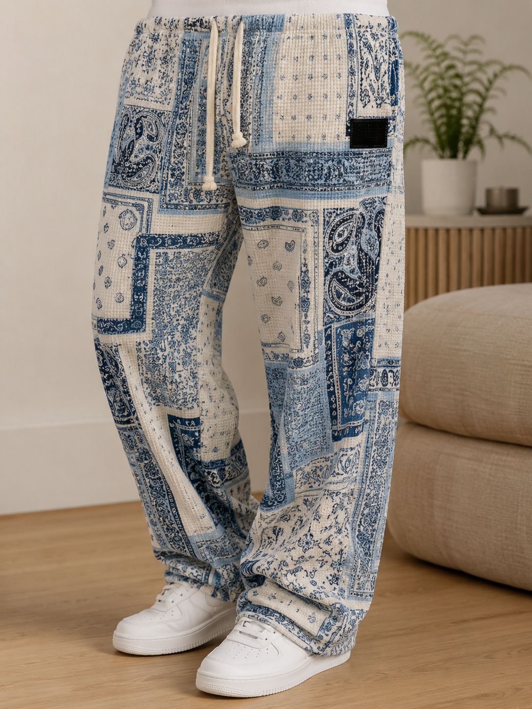 Men's All-Over Print Waffle Knit Pants | High-Waisted Drawstring Relaxed Fit Trousers