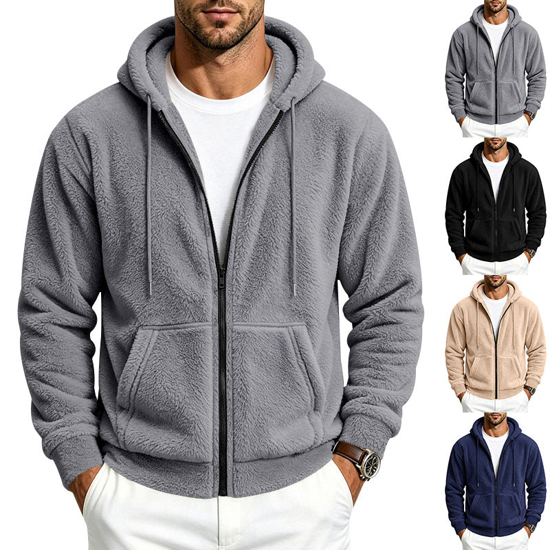 Loose-fitting double-sided Arctic fleece men's zip-up cardigan hoodie