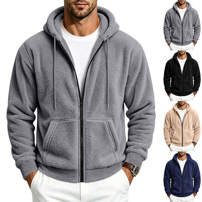 Loose-fitting double-sided Arctic fleece men's zip-up cardigan hoodie